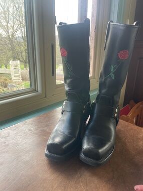 Vintage Double-H Black Leather Mid-Calf Harness Boots with Red Rose Embroidery